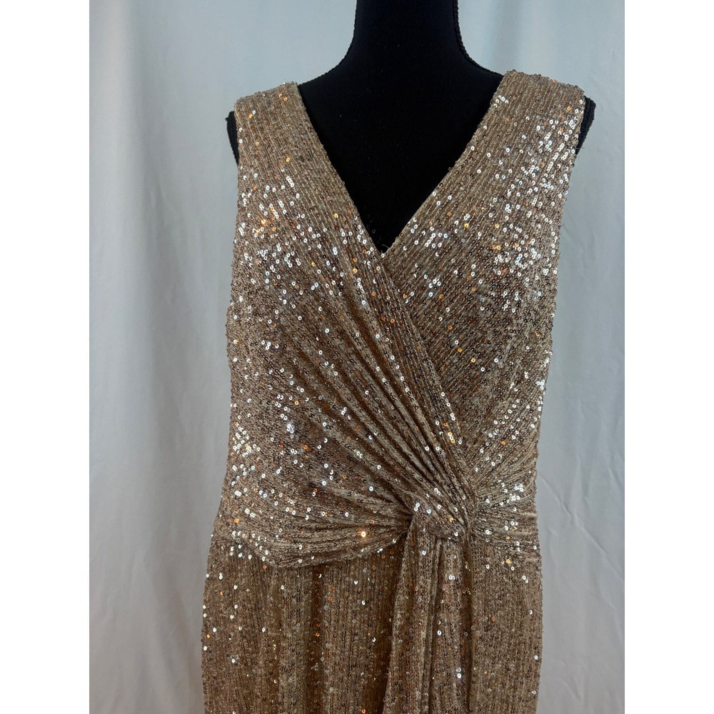 Champagne Gold Sequin Wrap V-Neck Sleeveless Maxi Evening Gown Knot Detail Dress - Picture 8 of 15